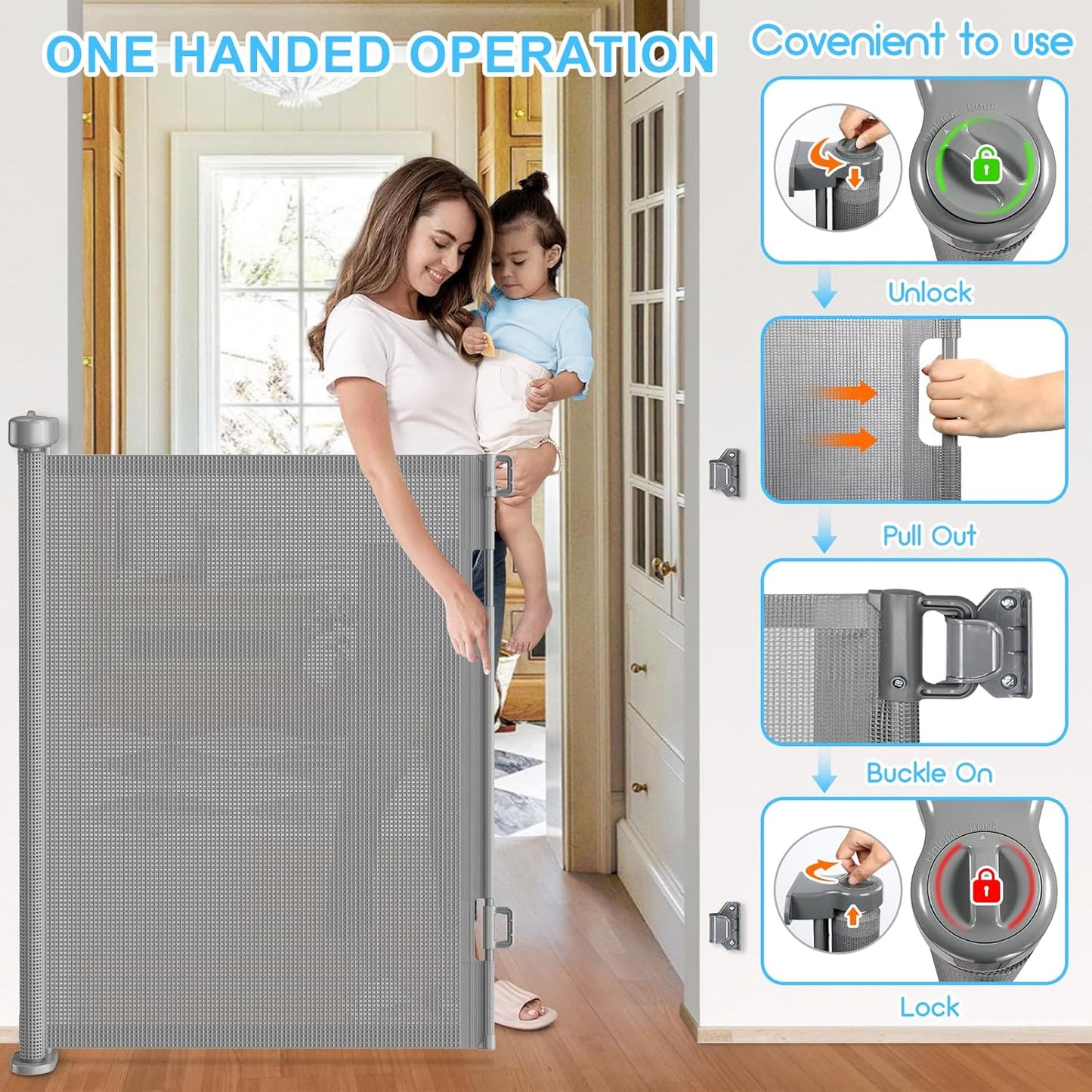Upgrade 120 inch Retractable Baby Gates, EZIGO Extra Wide Baby Gate for Large Opening Extra Long Mesh Gate for Kids or Pet Dog Gate Child Safety Gate for Stairs Hallways Doorway Indoor Outdoor, Gray