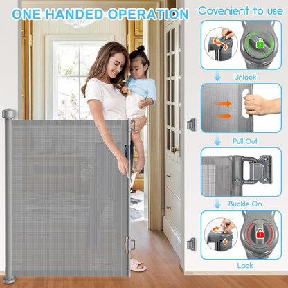 Upgrade 120 inch Retractable Baby Gates, EZIGO Extra Wide Baby Gate for Large Opening Extra Long Mesh Gate for Kids or Pet Dog Gate Child Safety Gate for Stairs Hallways Doorway Indoor Outdoor, Gray