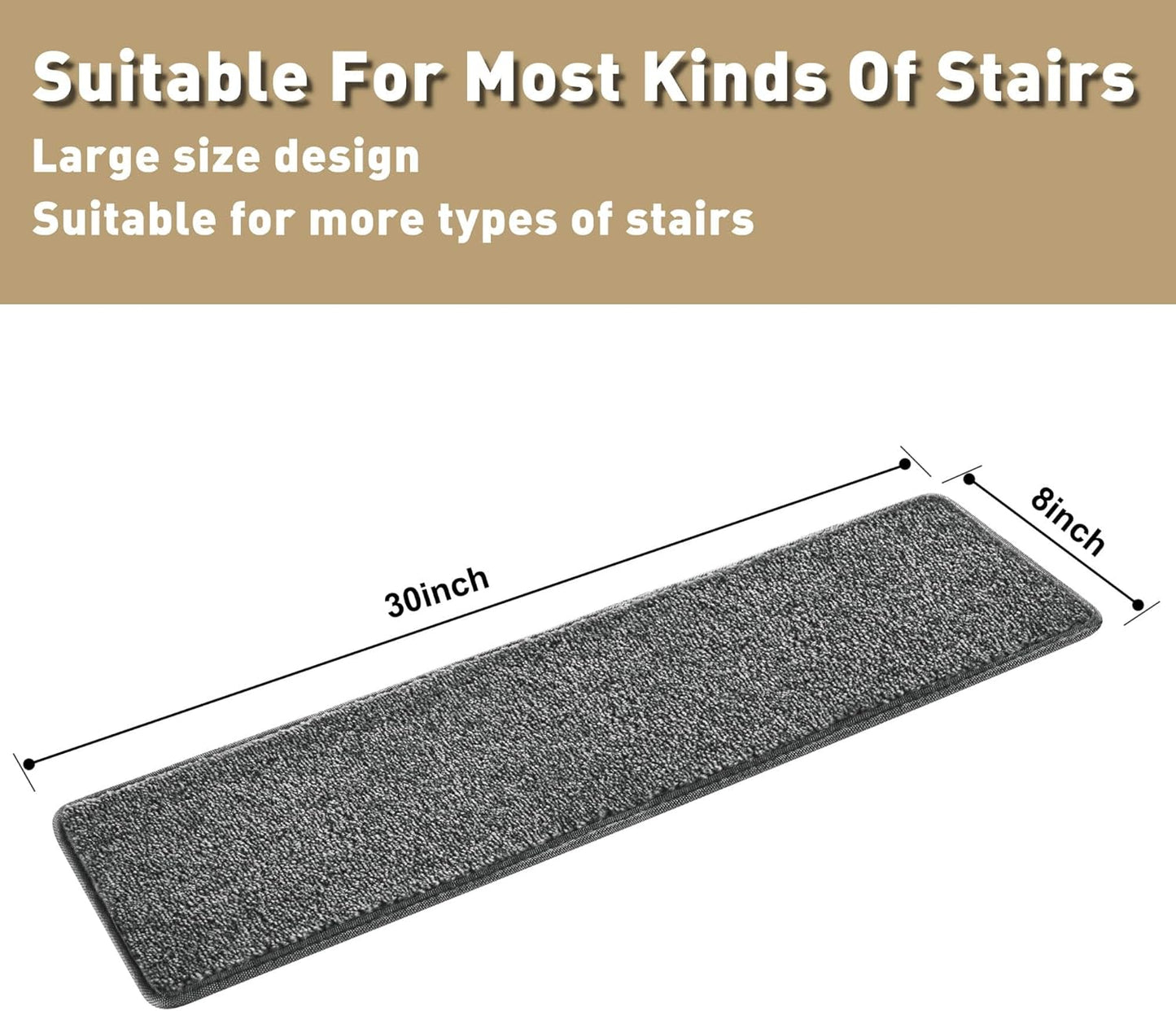 PURE ERA Bullnose Carpet Stair Treads Set Tape Free Non-Slip Indoor Stair Protectors Pet Friendly Rugs Covers Soft Skid Resistant Washable Reusable 9.5" x 30"(14 Pieces,Cream Gray)