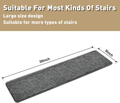 PURE ERA Bullnose Carpet Stair Treads Set Tape Free Non-Slip Indoor Stair Protectors Pet Friendly Rugs Covers Soft Skid Resistant Washable Reusable 9.5" x 30"(14 Pieces,Cream Gray)