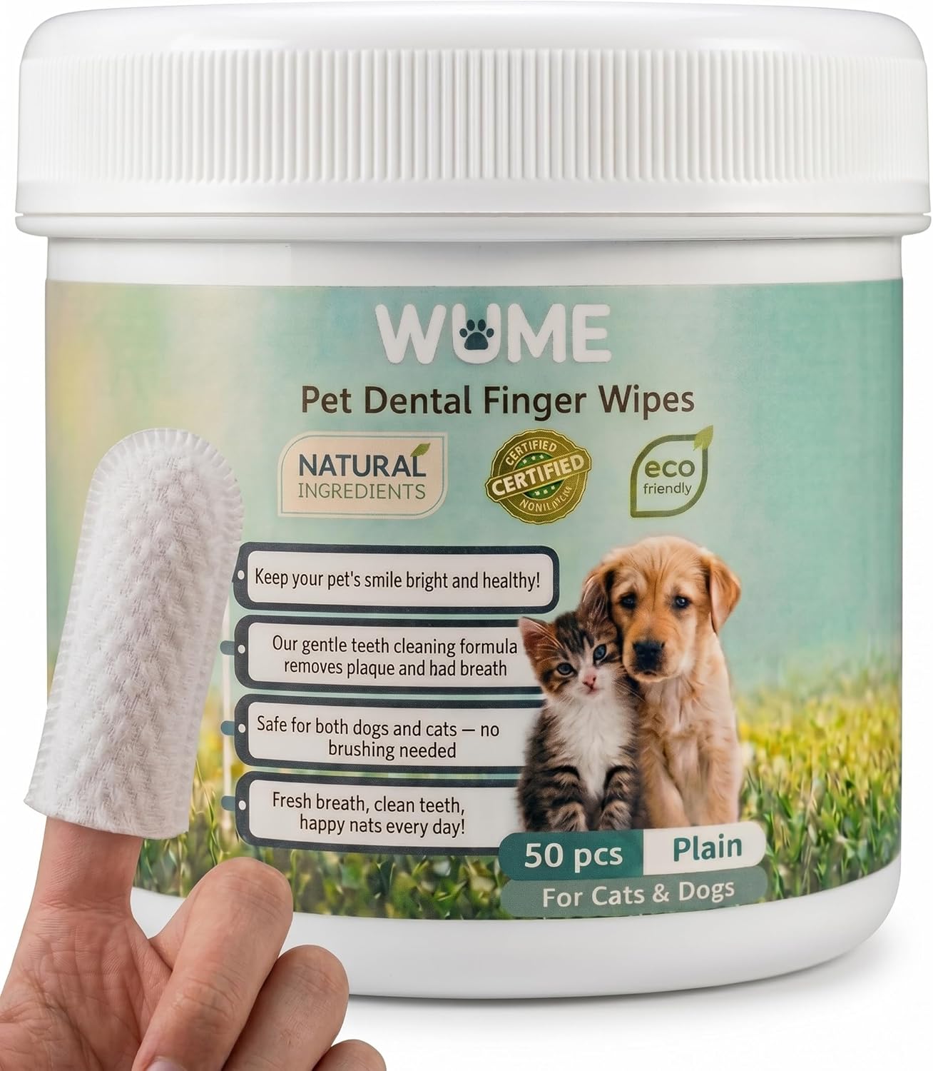 WUME Pet Dental Finger Wipes for Dogs & Cats Vet-Inspired Teeth Cleaning Wipes, Toothbrush Alternative, Gentle, Alcohol-Free, Disposable, 50 Counts