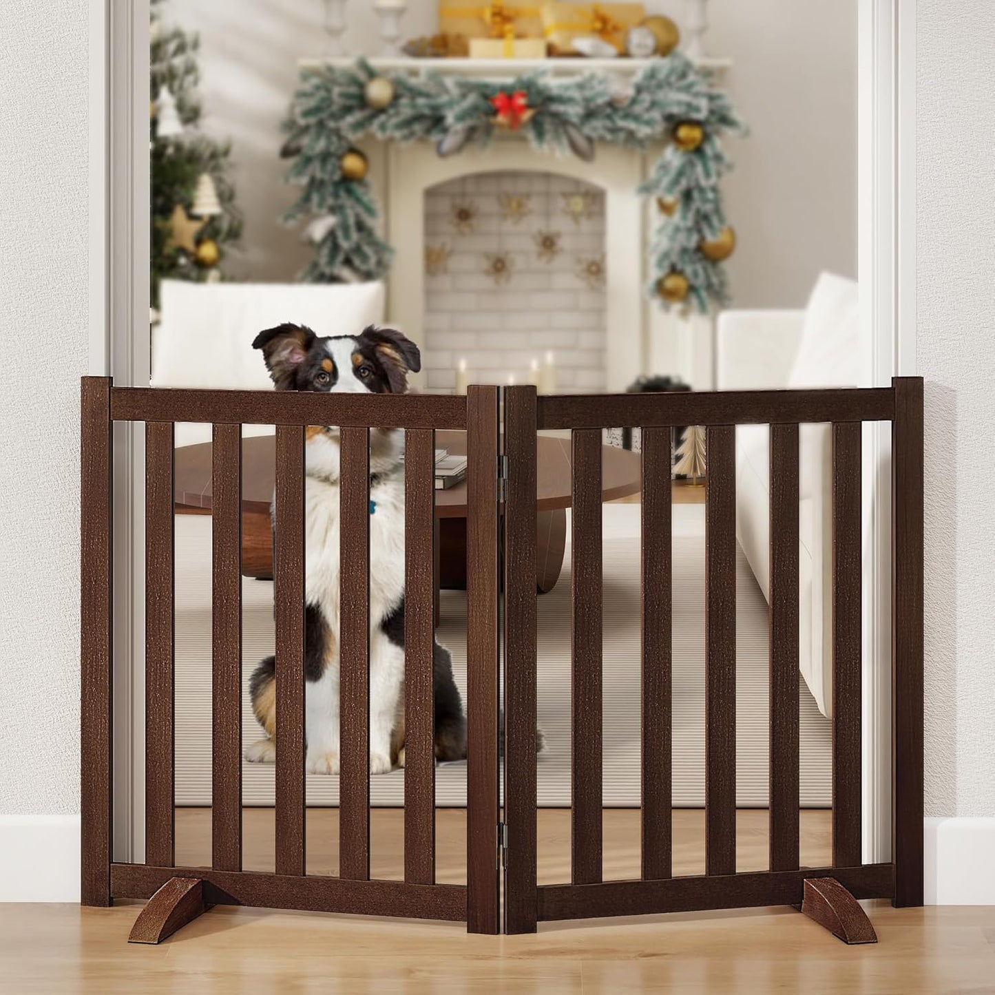 36" Height Extra Tall Freestanding Pet Gate, Solid Wood Folding Safety Fence Wooden Dog Gate with 2 PCs Support Feet Ideal for Stairs, Doorways, Halls, Kitchens, Heavy Duty Gates, 3 Panels, Oak