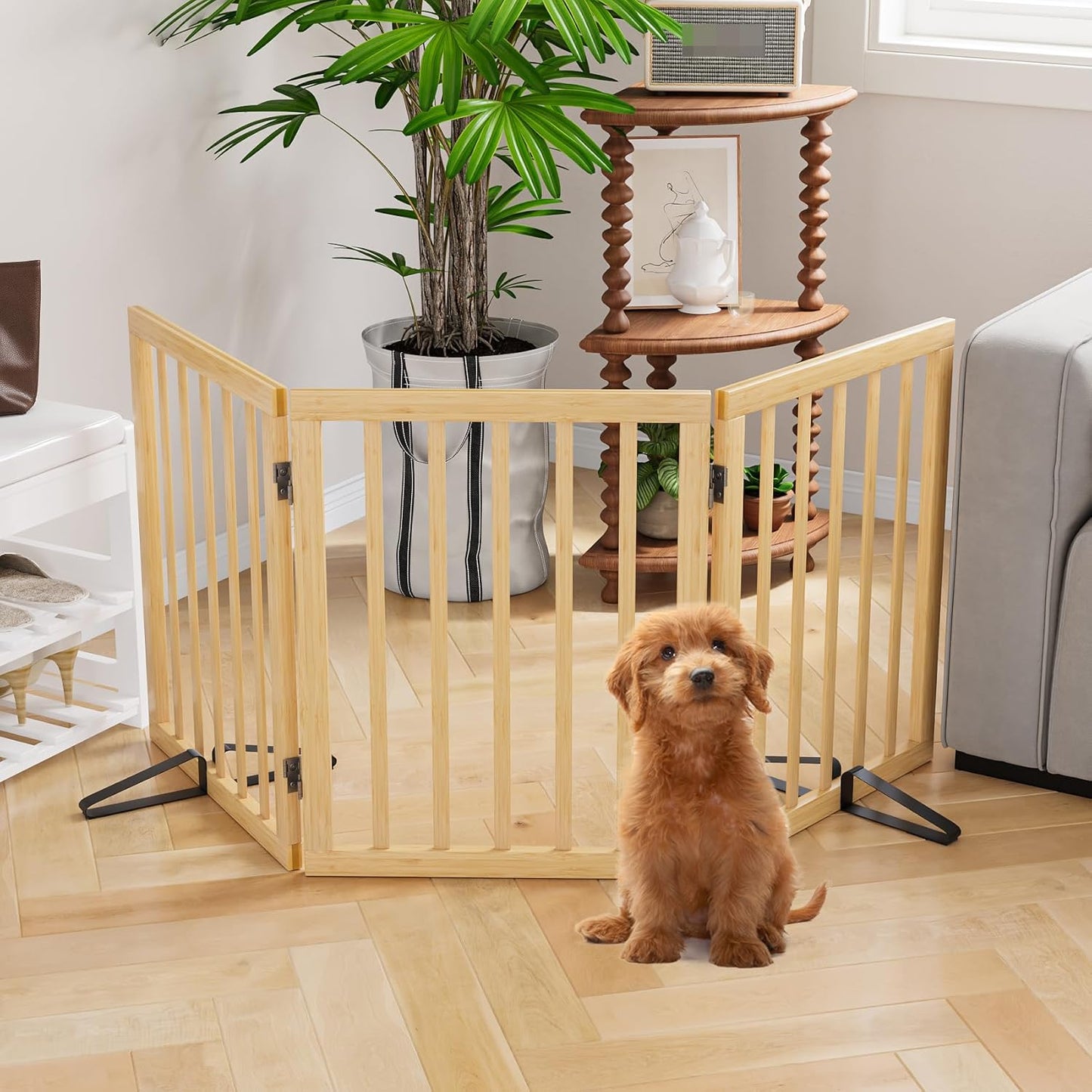 Freestanding Dog Gates Indoor, 3-Panel Pet Gates with 2 Metal Stands and 360° Hinge, 24" H Foldable Dog Gate for Stairs, Doorway, Kitchen, Expands Up to 55" Fully Assembled - Black Walnut