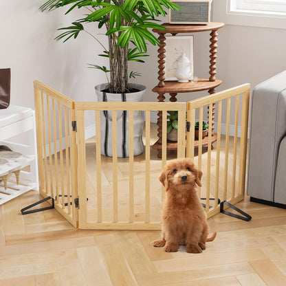 Freestanding Dog Gates Indoor, 3-Panel Pet Gates with 2 Metal Stands and 360° Hinge, 24" H Foldable Dog Gate for Stairs, Doorway, Kitchen, Expands Up to 55" Fully Assembled - Black Walnut