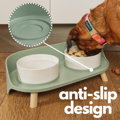 A4DOG Ceramic Dog Bowls with Stand - Elevated Dog Water and Food Bowl Set 13.5oz Cat & Dog Feeding Station Spill Proof Splash Proof Raised Pet Food Bowls for Dogs, No Mess Pet Feeder - Gray