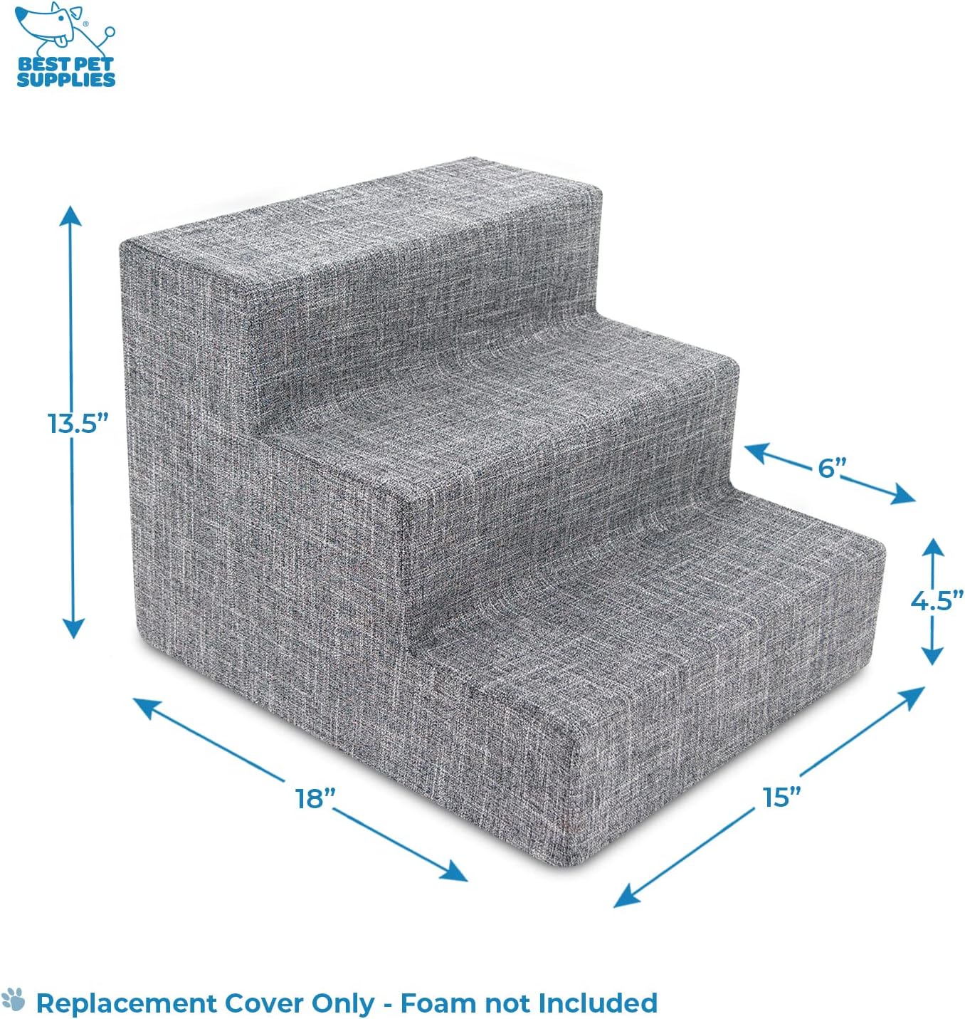Best Pet Supplies Foam Pet Steps Cover for Small Dogs and Cats, Portable Ramp Stairs for Couch, Sofa, and High Bed Climbing (Cover Only) - Ash Gray Linen, 3-Step (Cover Only)
