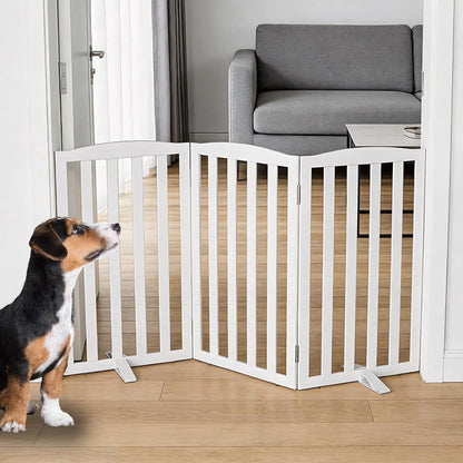 Freestanding Dog Gate Indoor,Doggie Gate Foldable Dog Gates for Doorways,Stairs or Hallways, Wooden White Pet Gate for the House, Pet Fence with Support Feet Included,24 "Height-4 Panels