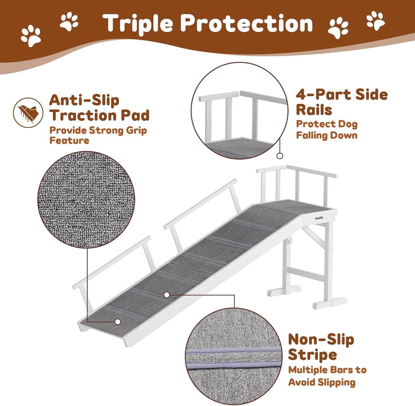 Onelike Wooden Dog Ramp for Bed with Removable Side Rail and Non-Slip Carpet, Stable Pet Ramp Stair for Couch Sofa for Small & Large & Senior Dogs, 74" Long Ramp Brown