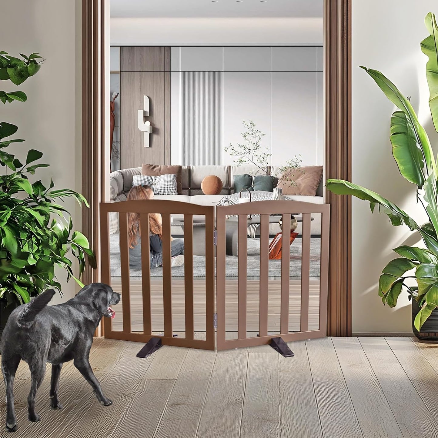 ZJSF Foldable Freestanding Indoor Dog Gate for House Wood White Long Pet Gates Dog Fence for Stairs Puppy Gates for Hallways,Pet Fence, Puppy Gate,Support Feet Included 24 "Height-3 Panels