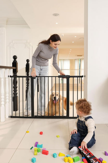 44.72"-46.89" Baby and Pet Safety Gate, 30" Tall Metal Walk-Thru Gate for Doorways & Stairs, Easy One-Hand Open, Dual Lock, Extensions & Wall Mounts Included (Brown, 29"-46" W x 30.5“H)