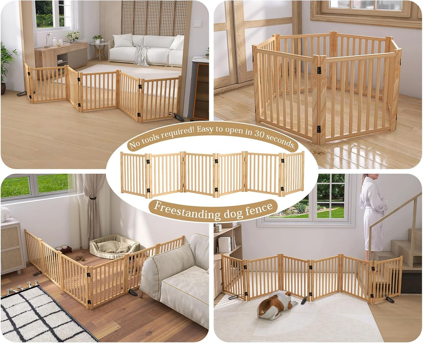 Wooden Freestanding Dog Gates,23" H Foldable Wood Pet Gate Indoor, No-Painted Puppy Gate for Doorways, Stairs, 23" Height-2 Panels