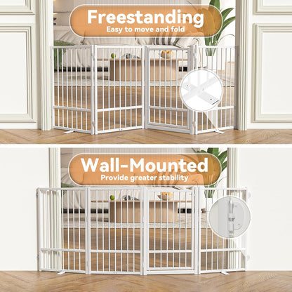 SNUOWU Full Metal Freestanding Dog Gate with Door, 32''Height Foldable Pet Dog Fence for Indoor & Outdoor, 4 Panels Extra Wide Free Standing TallDog Gates for Doorways,House,Stairs,Porch,Deck,Yard