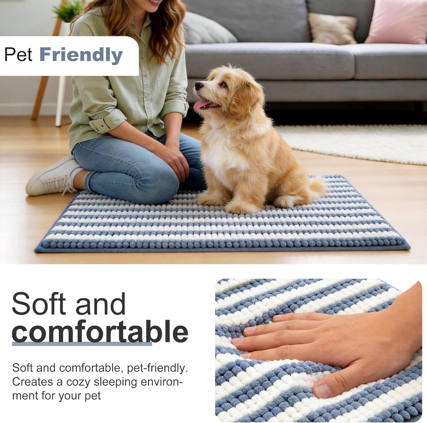 pobopobo Dog Door Mat for Muddy Paws - Absorbent & Washable Chenille Rug, Non-Slip Dirt Trapper for Indoor Outdoor Entryway, Quick Dry Pet Mat for Muddy Dogs (Striped Gray-Blue&White, 24" x 16")