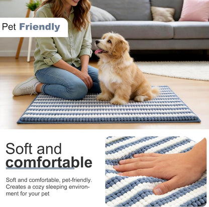 pobopobo Dog Door Mat for Muddy Paws - Absorbent & Washable Chenille Rug, Non-Slip Dirt Trapper for Indoor Outdoor Entryway, Quick Dry Pet Mat for Muddy Dogs (Striped Gray-Blue&White, 24" x 16")