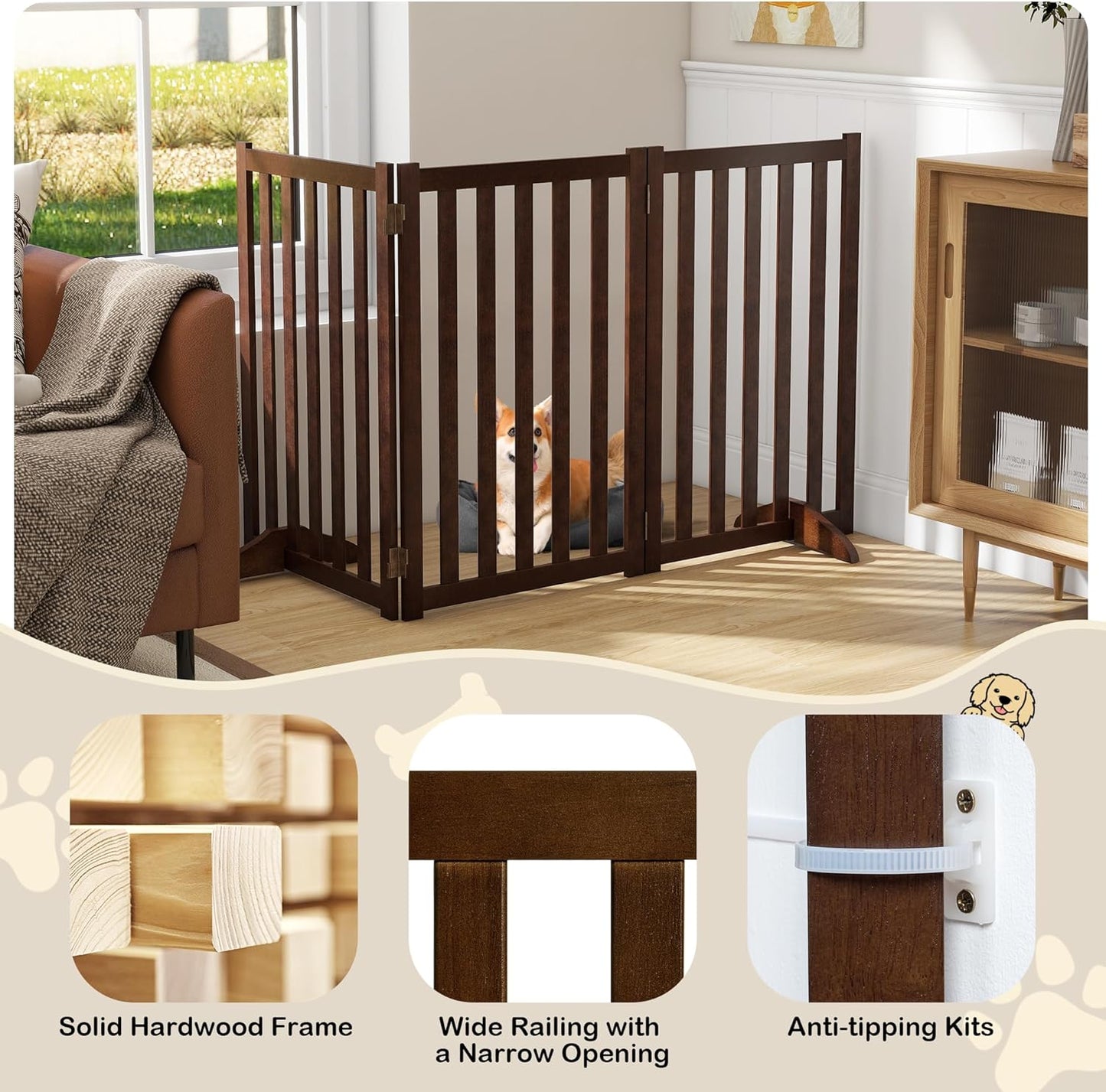 36" Height Extra Tall Freestanding Pet Gate, Solid Wood Folding Safety Fence Wooden Dog Gate with 2 PCs Support Feet Ideal for Stairs, Doorways, Halls, Kitchens, Heavy Duty Gates, 3 Panels, Oak