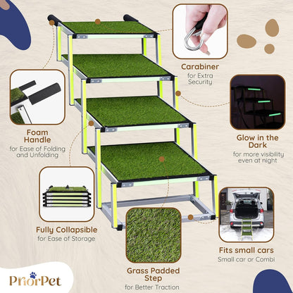 Dog stairs for large dogs PRIORPET - Glow in The Dark Marking - Foldable Dog ramp for Car and Small SUV - Dog steps for Car - Non-Slip Surface - Dog ramps for large dogs - 4 Steps