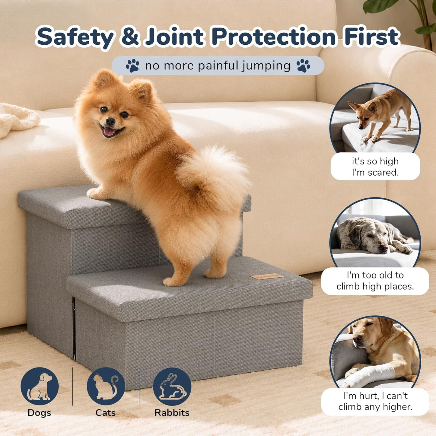3-Step Wide Dog Stairs with Hidden Storage 18" H, Non-Slip Dog Steps for High Bed Couch Window Car, Jiont-Friendly Pet Stairs Ramp for Small/Medium/Large Old Dogs Cats Up to 200lbs, Grey