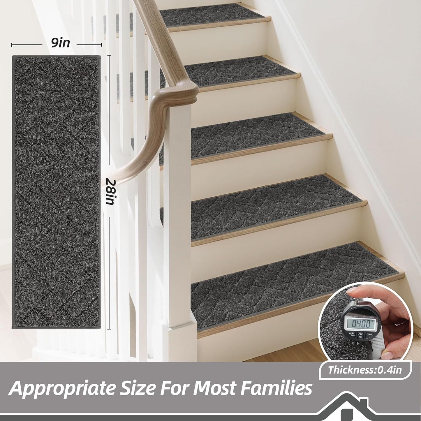 BEQHAUSE Stair Treads for Wooden Steps 28inX9in, Non Slip Carpet Stair Treads Indoor Stair Runners Machine Washable, Soft Stair Rugs Mat Surface Polyester TPE Backing, 4pcs, Charcoal