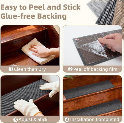 Art3d Stair Treads for Wooden Steps 15Pcs, 8" X 30" X 0.3" Non Slip Stair Runner Rugs with Reusable Adhesive for Elders Kids and Dogs, Washable Peel and Stick Stair Treads Carpet, Gray