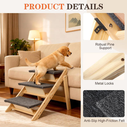 Dog Ramp, Durable Pet Stairs for High Beds, 2-in-1 Foldable Wooden Dog Steps for Couch and Car, Joint-Friendly Stairs for Senior Dogs, Non-Slip Carpeted Pet Steps with High-Weight Capacity