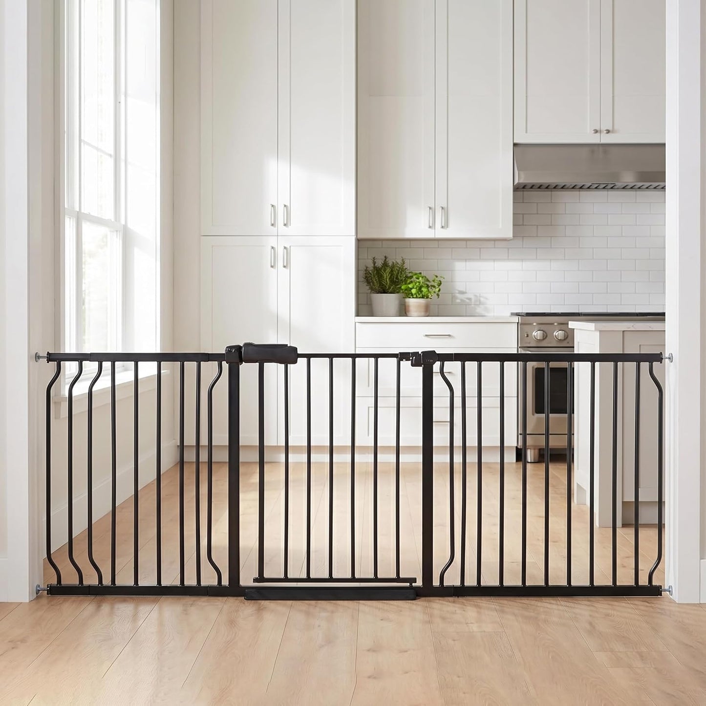 Extra Wide Baby Gate 85.8-90.5" Dog Gate Indoor Pressure Mounted No Drill Safety Gate for Large Entries, Kitchen,Stairs & Doorways, Black Metal Indoor Pet Gate for Kids & Dogs