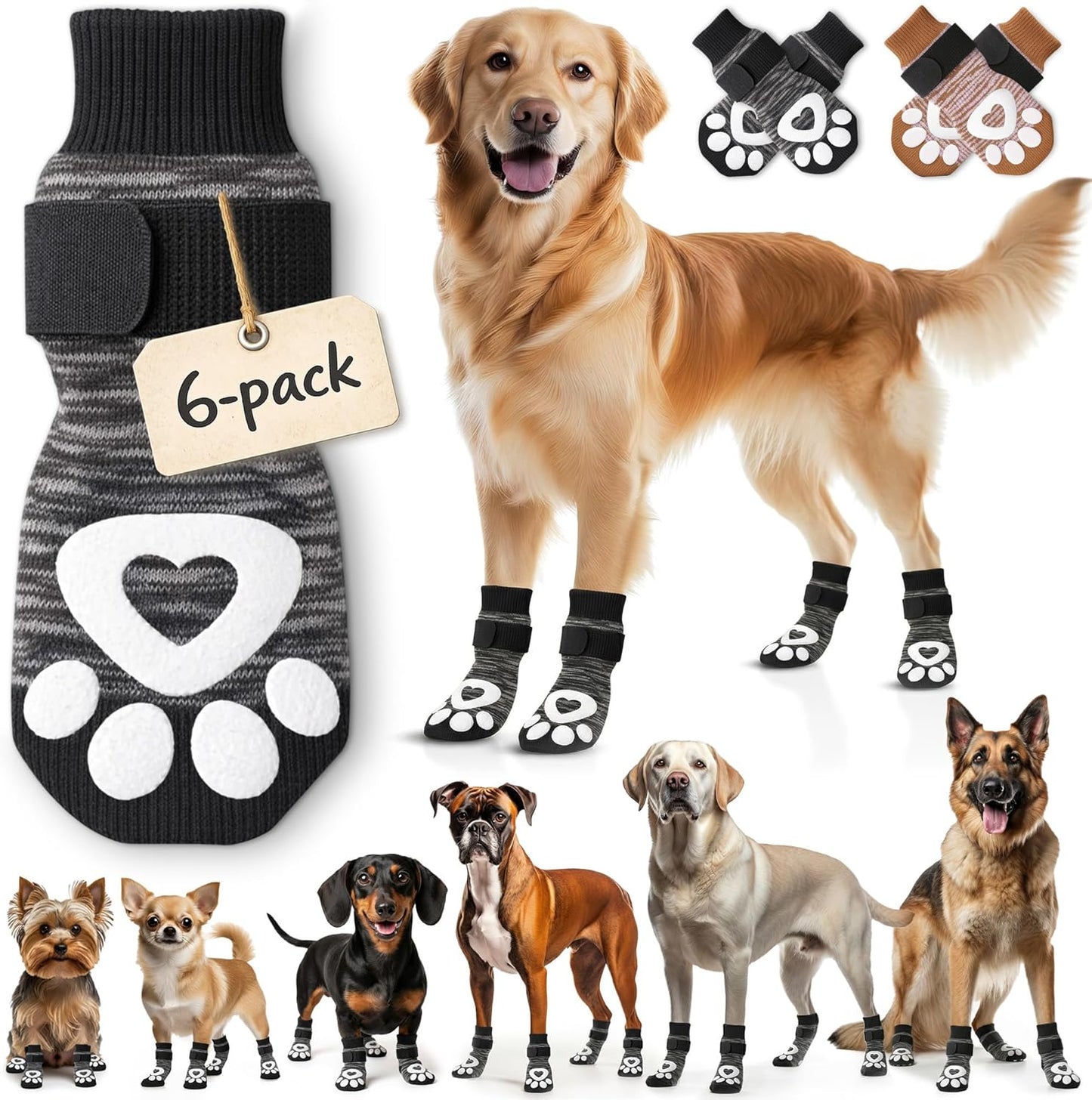 Anti Slip Dog Socks - 6 Pack | Dog Socks to Prevent Paw Licking, Add Traction, Keep Warm & Protect from Hot Pavement | Paw Protection for Senior Dogs for Hardwood Floors | Dog Booties - XL