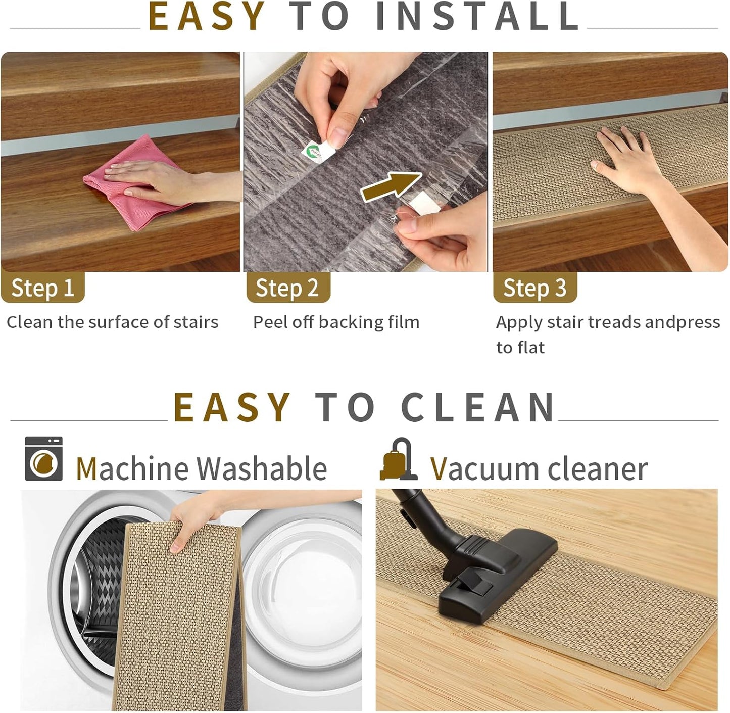 SMILOOL Stair Treads Non Slip for Wooden Steps Indoor 9" x 36" 15 Pack Extra Wide Stair Tread Carpet Stairs Runner, Step Pads with Reusable Adhesive for Dogs Kids Elders, Machine Washable, Beige