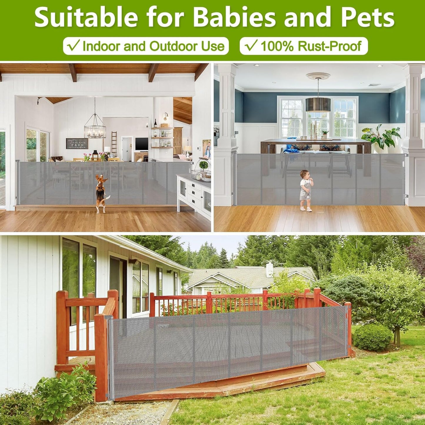 Reinforced 42" Tall Retractable Dog Gate, 155" Extra Long Retractable Baby Gate with Support Rods - Prevent Crawling Under, Indoor/Outdoor Retractable Gate Extra Tall Baby Gate Retractable Fence/Black