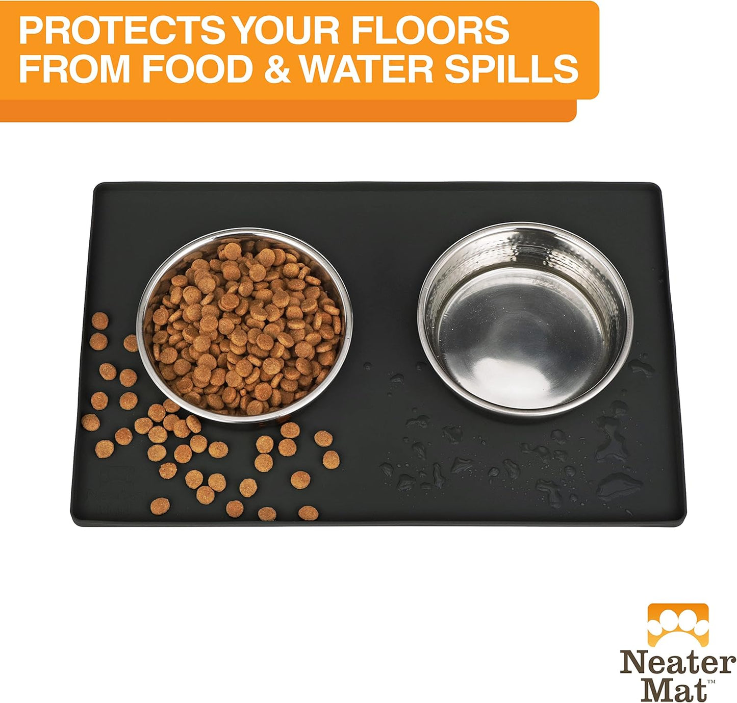 Neater Pet Brands Neater Mat Cat & Dog Food Mat, Waterproof & BPA-Free Silicone Placemat with Raised Edge for Under Food and Water Bowls, 19" x 12", Gunmetal Grey