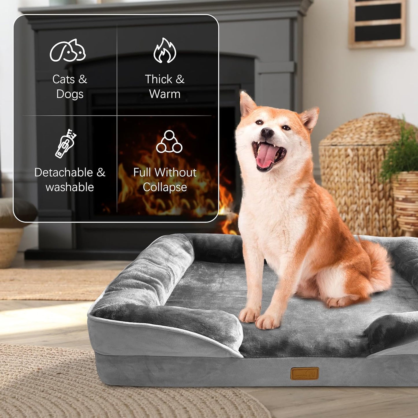 Spotted Play Orthopedic Dog Bed with Sides - Dog Sofa Beds for Medium Dogs, Supportive Foam Pet Couch Bed with Washable Removable Cover, Waterproof Lining and Non-Slip Bottom, Grey - M