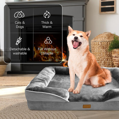 Spotted Play Orthopedic Dog Bed with Sides - Dog Sofa Beds for Medium Dogs, Supportive Foam Pet Couch Bed with Washable Removable Cover, Waterproof Lining and Non-Slip Bottom, Grey - M