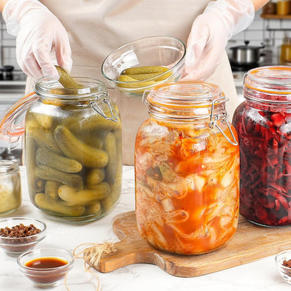 [UPGRADE] 2 Pack Square Super Wide Mouth Airtight Glass Storage Jars with Lids, 1.1 Gallon Glass Container with 2 Measurement Marks, Canning Jars with Leak-proof Lid for Kitchen (Spare Gasket)