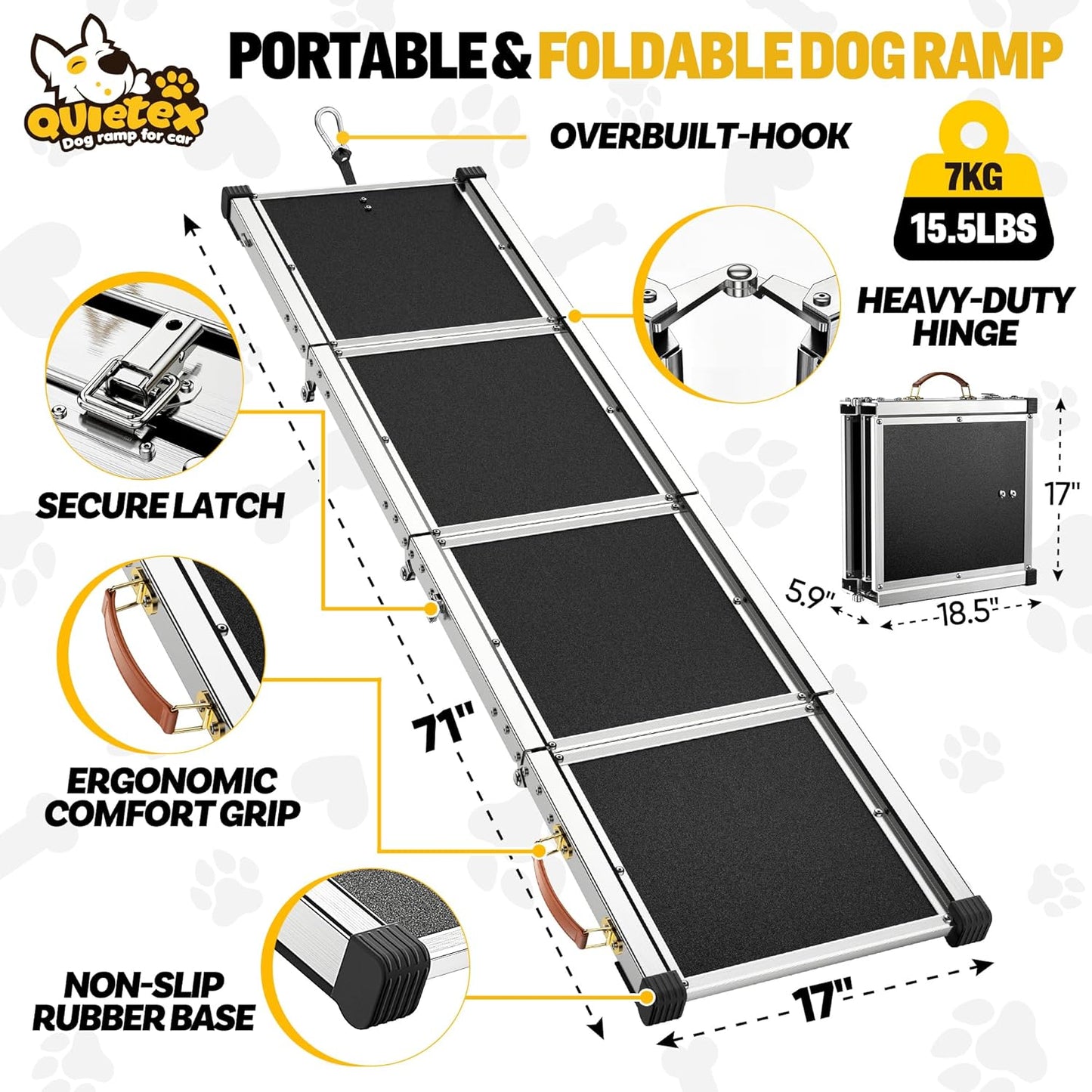 Extra Long 71”Dog Ramp Folding Pet Ramp for Car Large Dogs with Non-Slip Surface Dog Ramps up to 200 lb for Car SUV Truck (71“ Dog Ramp)
