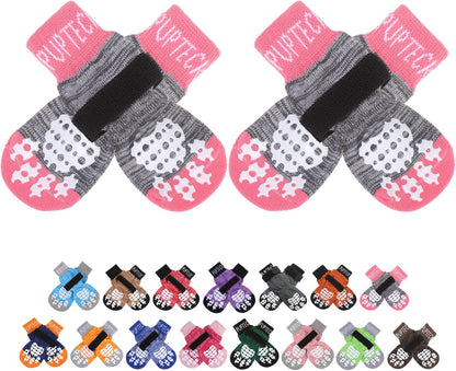 PUPTECK Anti-Slip Dog Socks with Double Sides Grips for Small Medium Large Dogs Hardwood Floors Prevents Licking, Dog Shoes for Hot Pavement Traction Control Paw Protector for Senior Dogs, Grey L