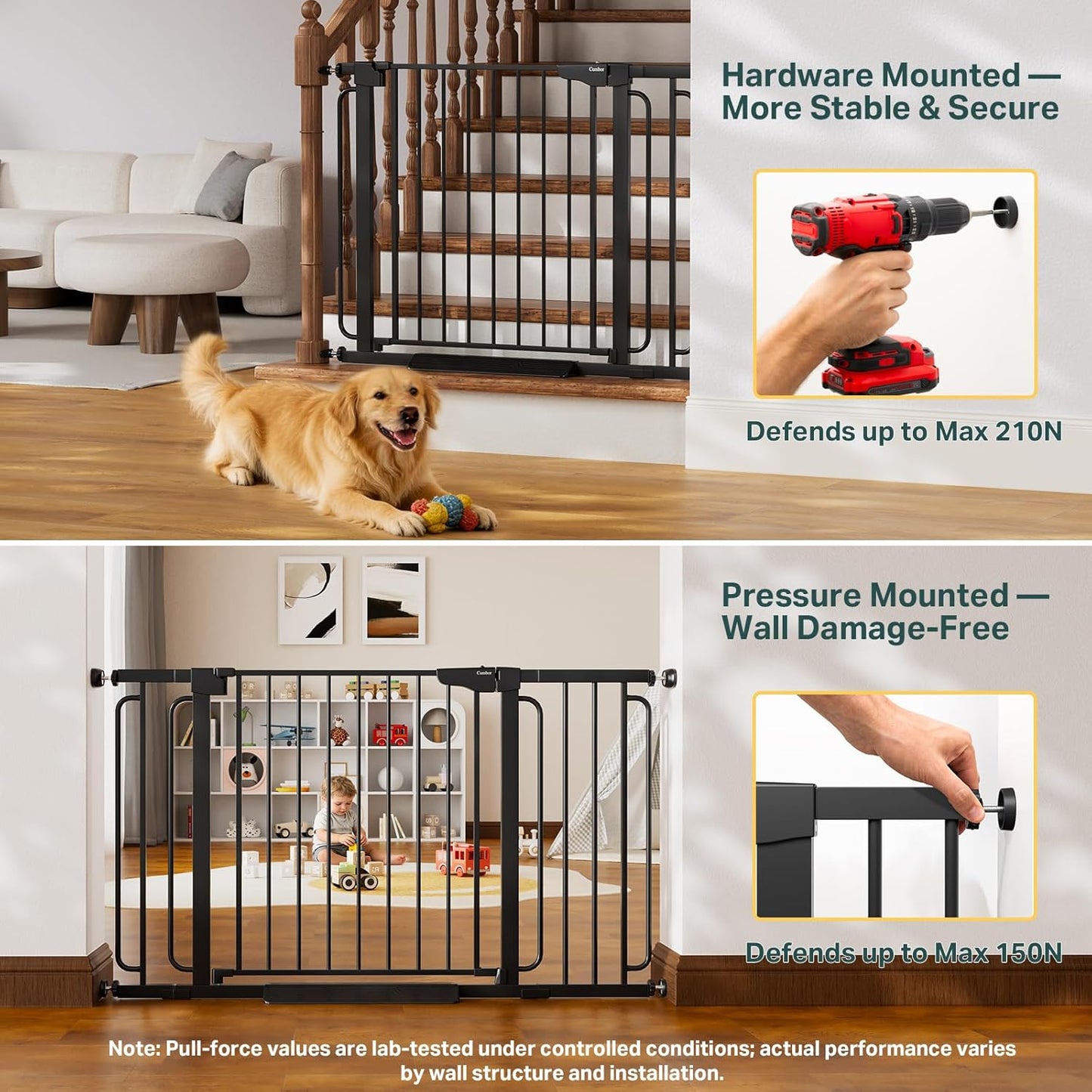 Cumbor 36.6-64" Extra Wide Baby Gate for Stairs, Dog Gates for Doorways, Auto-Close Pet Gate Indoor, Pressure Mounted Walk Through Safety Child Gate for Kids Toddler, Tall Pet Puppy Fence Gate, Brown