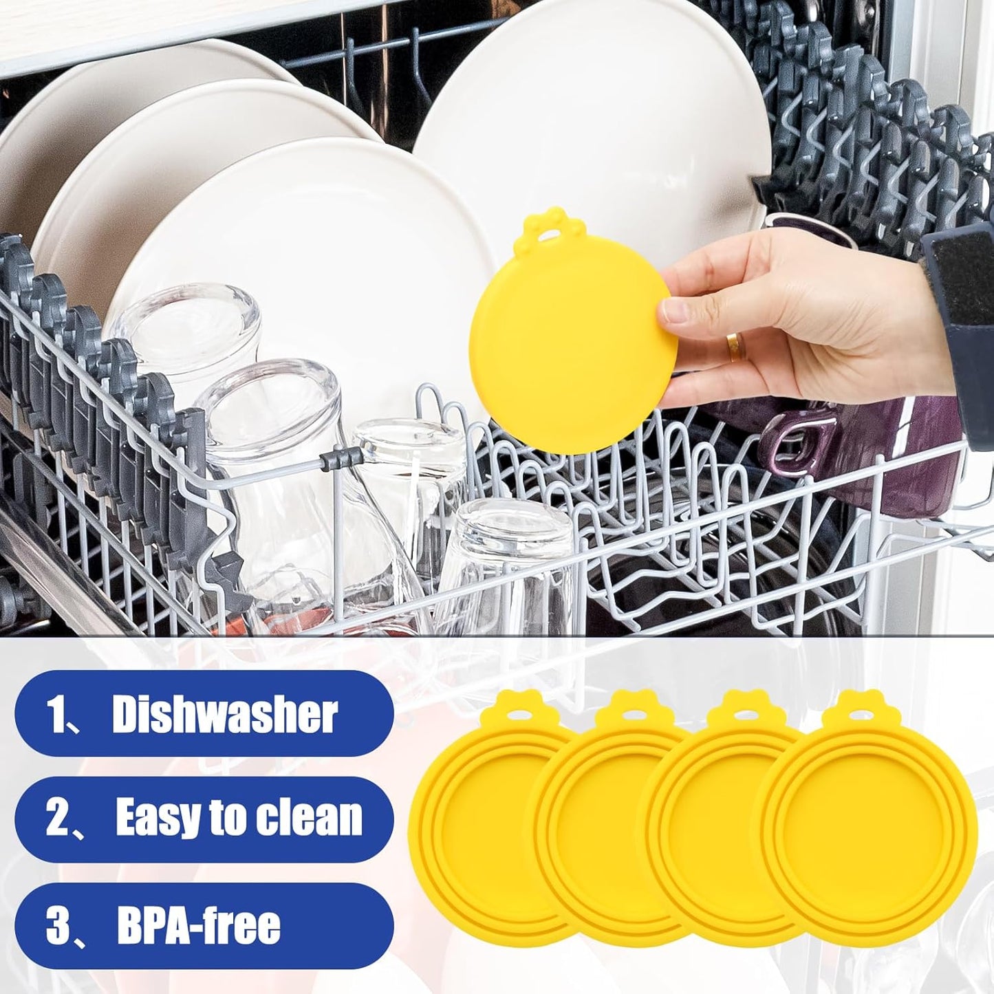 PINE & LINEN 4 Pcs 2.5inch Durable Pet Can Lids, Silicone Small Pet Can Covers Waterproof Cat Food Cans Lids for 3 oz Cat Food Cans（Yellow+Red+Pink+Blue）