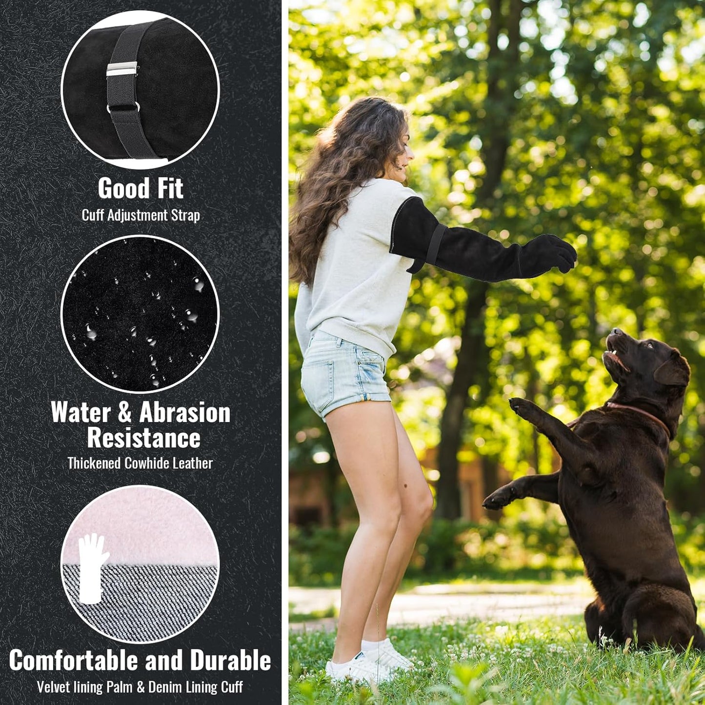 Heavy Duty Animal Handling Gloves - Cat Gloves Bite Proof, Ideal for Dog Training, Falconry, Welding, Gardening - 21.6 inch Grey Black