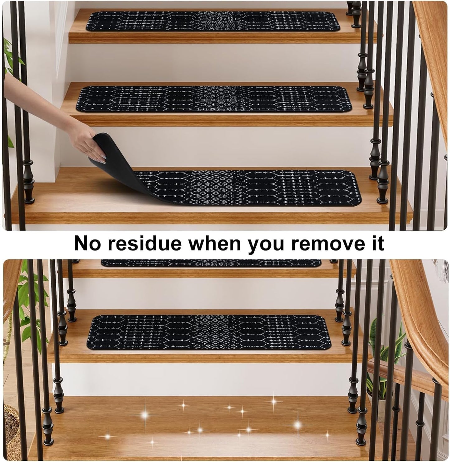 OJIA Boho Stair Treads Non-Slip Stair Runners for Wooden Steps Indoor 15PCS 30"x8" Washable Carpet Stair Treads Stair Mats Staircase Step Treads for Kids, Elders and Dogs, Stair Covers, Black