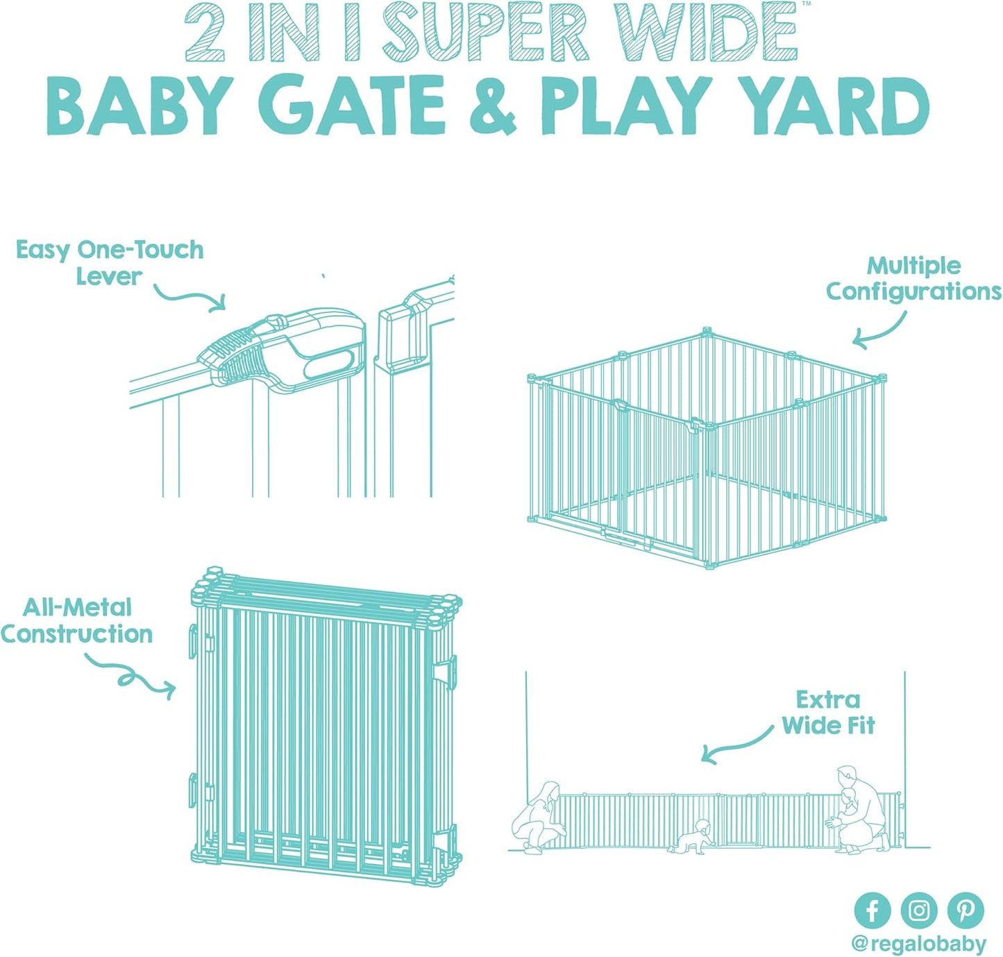 Regalo Safety 28"-76” Super Wide Configurable Baby Gate for Doorways & Open Spaces, 3-Panel Wall Mounted Safety Gate with Door for Babies, Toddlers & Pets, Includes Wall Mount Hardware
