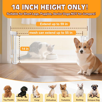 Short Dog Gate,14" Tall Gate to Step Over, Puppy Mesh Retractable Pet Gates Doggy Door for Doorways Stairs, Extends up to 55" Wide for Kitchen Hallways Indoor, Gray