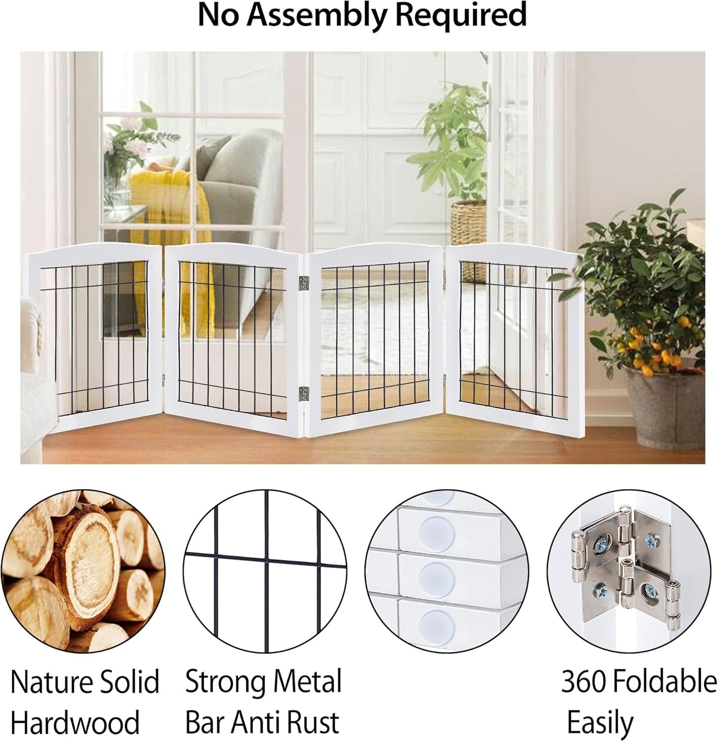 LZRS 2-Panel Freestanding Foldable Wood Dog Gate – Solid Wood & Steel Wire, Chew-Resistant Pet Barrier for Indoor Use, Ideal for Small to Medium Dogs, White