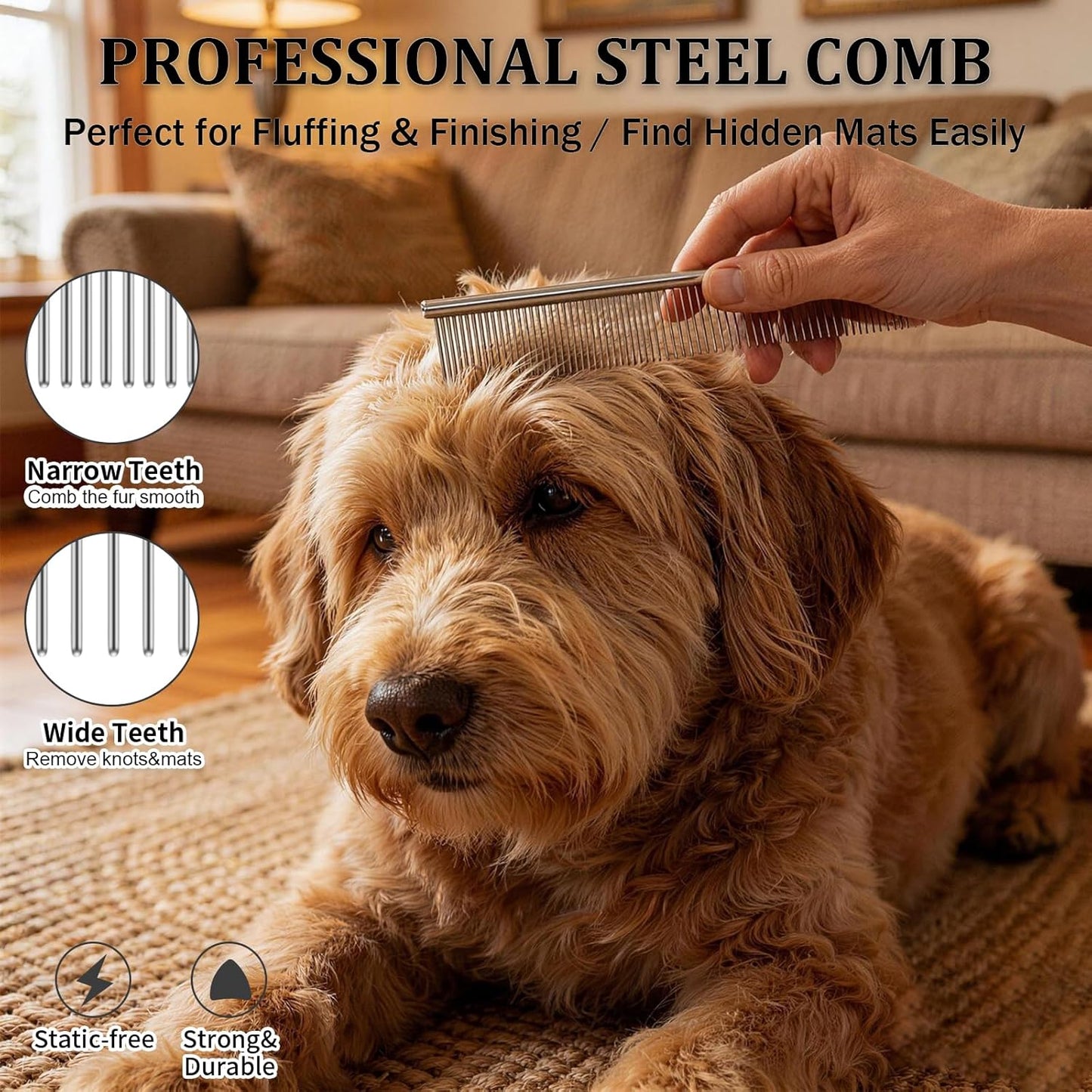 WPQAEM Dog Slicker Brush Set for Detangling & Shedding, Deep Grooming Kit for Thick, Curly & Double Coats (Goldendoodle, German Shepherd), Includes Metal Comb, Cleaning Tool & Bath Brush