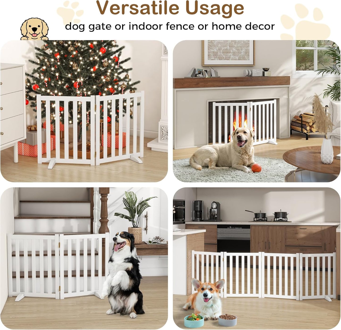 36" Height Extra Tall Freestanding Pet Gate, Solid Wood Folding Safety Fence Wooden Dog Gate with 2 PCs Support Feet Ideal for Stairs, Doorways, Halls, Kitchens, Heavy Duty Gates, 3 Panels, Oak