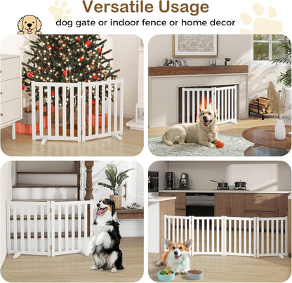 36" Height Extra Tall Freestanding Pet Gate, Solid Wood Folding Safety Fence Wooden Dog Gate with 2 PCs Support Feet Ideal for Stairs, Doorways, Halls, Kitchens, Heavy Duty Gates, 3 Panels, Oak