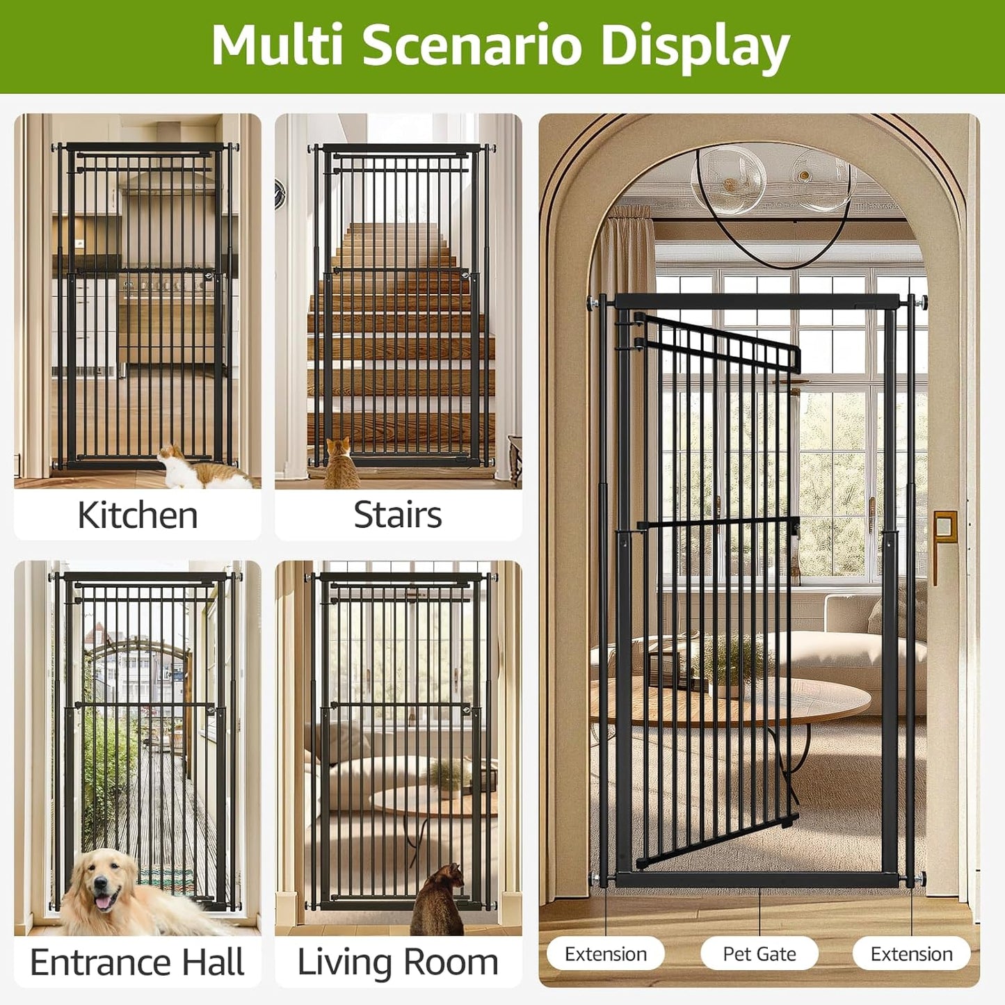 78.8" Extra Tall Cat Gate, 28.3-33" Wide Safety Metal Cat Door, Pressure Mounted Easy Walk Through Pet Gate with Door for Stairs, Doorways, Black
