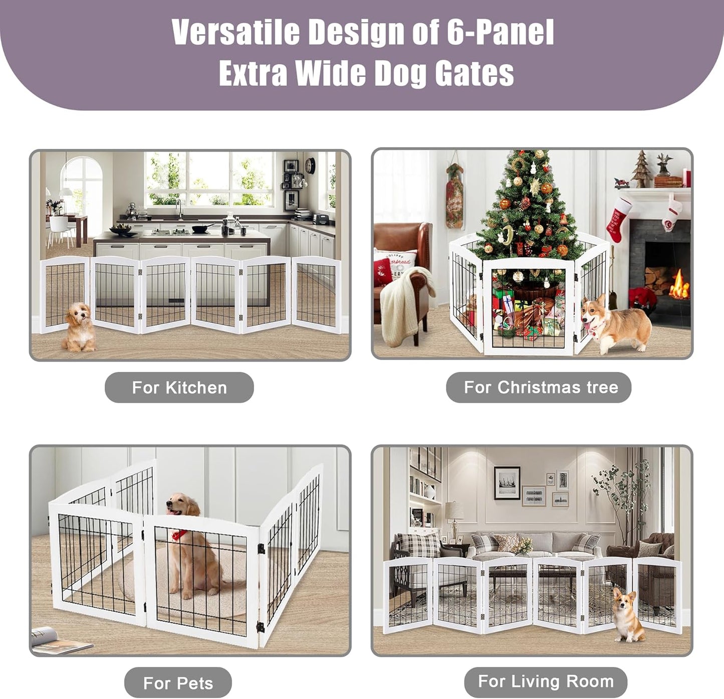 LZRS 2-Panel Freestanding Foldable Wood Dog Gate – Solid Wood & Steel Wire, Chew-Resistant Pet Barrier for Indoor Use, Ideal for Small to Medium Dogs, White