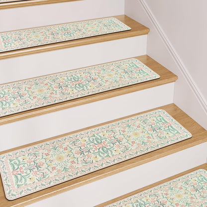 OJIA Floral Stair Treads Non-Slip Stair Runner for Wooden Steps Indoor 15PCS 30"x8" Carpet Stair Treads Stair Mats Staircase Step Treads for Kids, Elders and Dogs, Stair Covers, Black