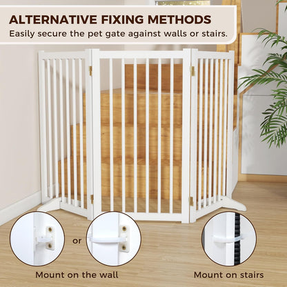 36" H Freestanding Dog Gate, Solid Wood Foldable Pet Gate with Support Feet, Wooden Tall Dog Gate for Doorway, Stairs & Indoor Use, 60" Wide Expandable Pet Fence, 3 Panels, Walnut