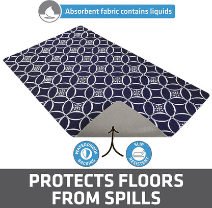 Drymate Pet Bowl Placemat, Dog & Cat Food Feeding Mat - Absorbent Fabric, Waterproof Backing, Slip-Resistant - Machine Washable/Durable (USA Made) (12” x 20”) (Indigo)