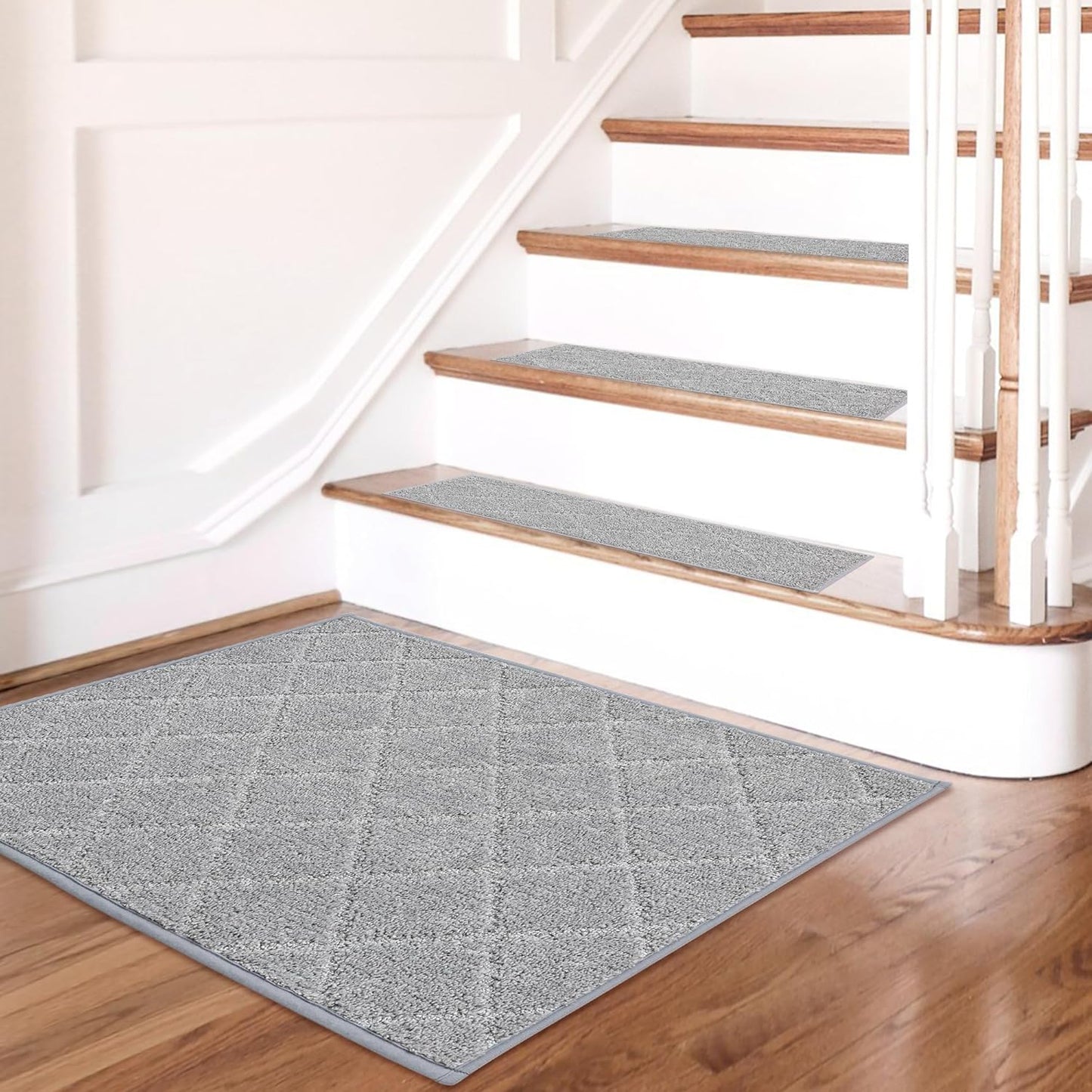 COSY HOMEER Edging Stair Treads Non-Slip Carpet Mat 28inX9in Indoor Stair Runners for Wooden Steps, Edging Stair Rugs for Kids and Dogs, 100% Polyester TPE Backing (7pc, Beige)